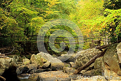 Mountain stream footbridge Stock Photo