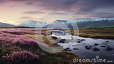 Meadow Of Laguna Beach: Dark Pink And Violet Landscape With River, Mountain, And Flower Stock Photo