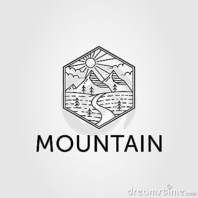 mountain with sunburst and pine tree logo vector illustration design Vector Illustration