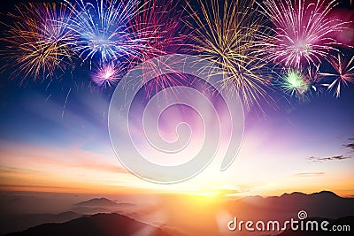 Mountain with sunrise and fireworks Stock Photo