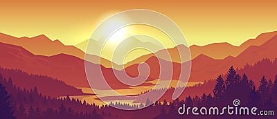 Mountain sunset landscape. Realistic pine forest and mountain silhouettes, evening wood panorama. Vector wild nature Vector Illustration