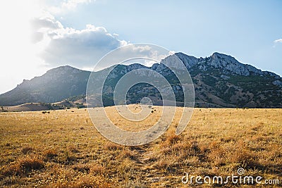 A path through dried grass leads to the mountains Stock Photo