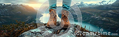 Mountain Top Rest: Woman Hiker Enjoying View of River Fjord from High Hill with Hiking Shoes - Adventure and Nature Landscape Stock Photo
