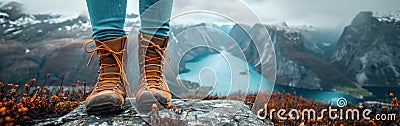 Mountain Top Rest: Woman Hiker Enjoying View of River Fjord from High Hill with Hiking Shoes - Adventure and Nature Landscape Stock Photo