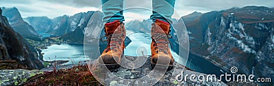 Mountain Top Rest: Woman Hiker Enjoying View of River Fjord from High Hill with Hiking Shoes - Adventure and Nature Landscape Stock Photo