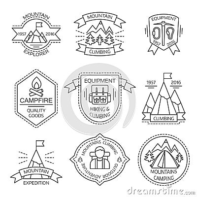 Mountain Tourism Monochrome Linear Labels Vector Illustration