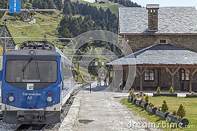 Mountain train in Vall Nuria, catalan pyrenees. Editorial Stock Photo