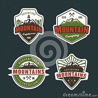 Mountain travel and outdoor adventure set of vector colored emblems, stickers, labels, badges and logos Vector Illustration