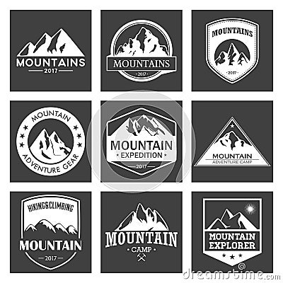 Mountain travel, outdoor adventures logo set. Hiking and climbing labels or icons for tourism organizations, events Vector Illustration