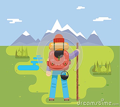 Mountain Travel Trip Vacation Backpaker Man Wood Staff Concept Flat Design Icon Forest Background Vector Illustration Vector Illustration