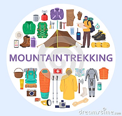 Mountain trekking equipment set, flat vector isolated illustration. Hiking and camping gear circle composition. Cartoon Illustration