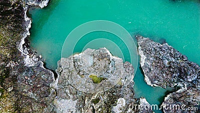 Mountain turquoise river, rocky banks aerial view. Drone shooting. Katun River, Altai Stock Photo