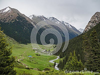 Mountain valley covered with pine trees, a river and houses in t Stock Photo