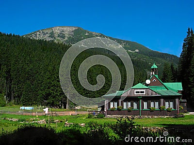 Mountain valley with pension in the Giant Valley. Stock Photo