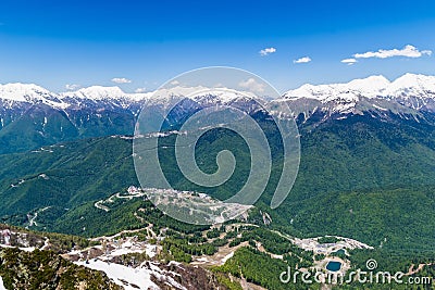 Mountain valley with snow-capped mountain peaks. height 2320 above sea level Esto-Sadok Russia Sochi Stock Photo