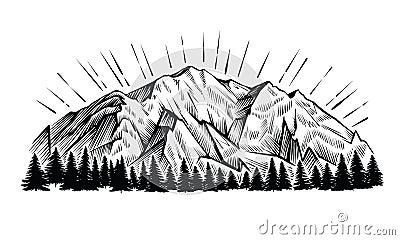 Mountain vector vintage illustration. Engraving rock chains landscape with peak and forest. Vector Illustration