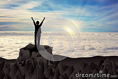 Mountain victory woman silhouette on top of rock above clouds Vector Illustration