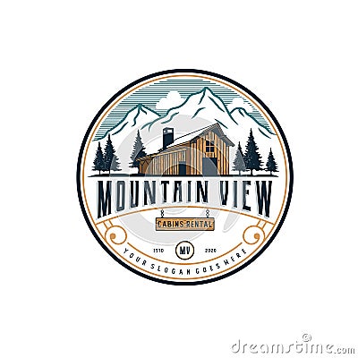 Mountain view with cabin for village house rent logo Premium Vector Vector Illustration