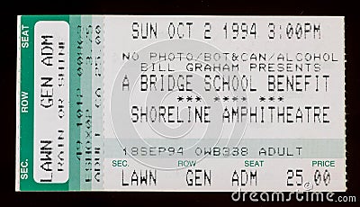 Old used ticket for Bridge School Benefit concert at Shoreline Amphitheatre Editorial Stock Photo