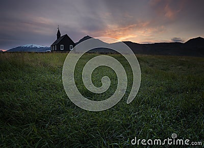 Mountain View Iceland. Beautiful black wooden church in Budir Stock Photo