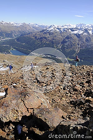 Mountain view from Piz Nair Peak over the Upper Engadin Editorial Stock Photo