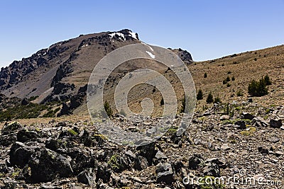 Mountain view, rock, trees and snow Stock Photo