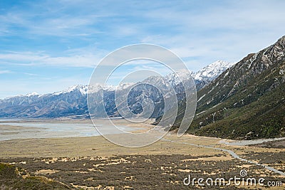 Mountain View from Tasman Valley Walk Track, Aoraki, New Zealand Stock Photo