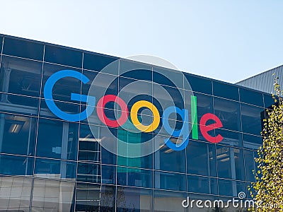 Google logo at Googleplex headquarters main office Editorial Stock Photo