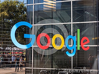 Google logo at Googleplex headquarters main office Editorial Stock Photo