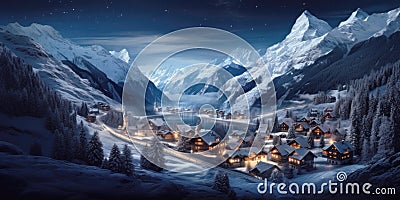 Mountain village at Christmas night in winter, amazing view of snowy ski resort in lights. Landscape with houses, lake, snow and Stock Photo