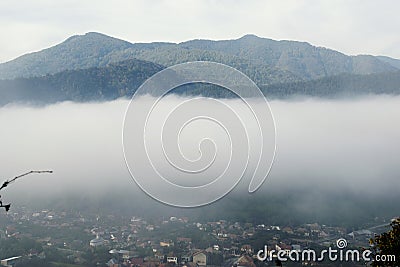 Mountain Village Fog Panorama, Foggy Village View, Mountain Stock Photo