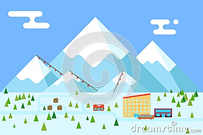 Mountain village hotel ski resort holidays bus Vector Illustration