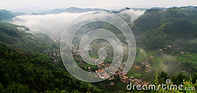 Mountain village,morning mist Stock Photo