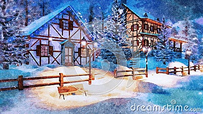 Mountain village at snowy winter night watercolor Stock Photo
