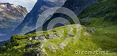 Mountain village at Stranda on the Geirangerfjord Stock Photo