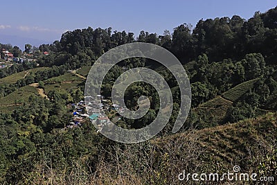 mountain village and terrace farming on slopes of himalayan foothills near darjeeling hill station Stock Photo