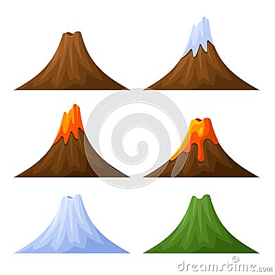 Mountain with Volcano, Forest and Snow Set. Vector Vector Illustration