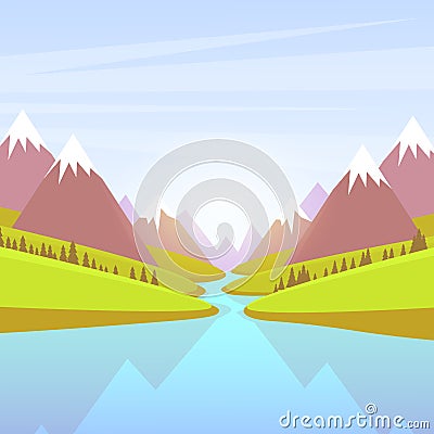 Mountain Water River Landscape Forest Green Park Vector Illustration