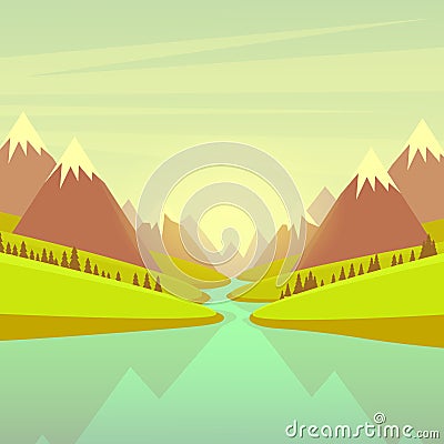 Mountain Water River Landscape Forest Green Park Vector Illustration