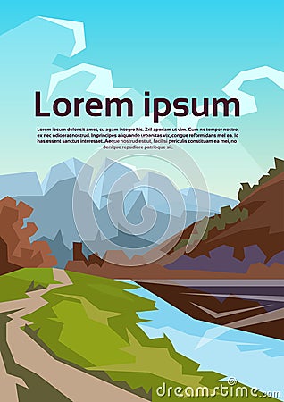 Mountain Water River Landscape Forest Green Park Blue Sky Vector Illustration