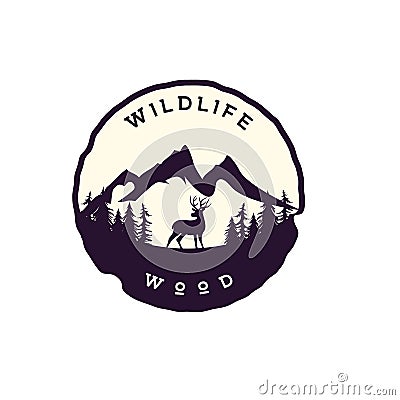 Mountain, wildlife, wood with deer silhouette. Adventure / backpacker logo templates Vector Illustration