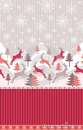 Mountain winter landscape with reindeers, pines in the snow. Seamless pattern for winter, new year and christmas theme Vector Illustration