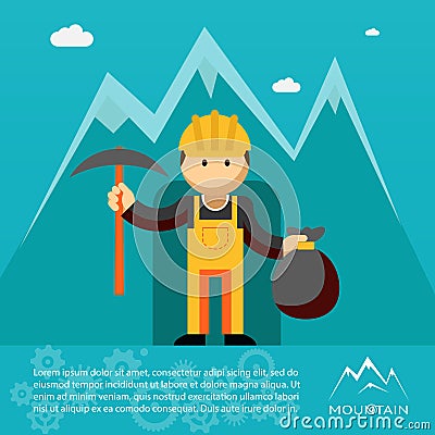 Mountain worker with pick and sack of gold Vector Illustration