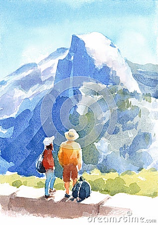 Mountain Yosemite National Park Landscape with People Watercolor Nature Illustration Hand Painted Stock Photo