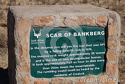 Mountain Zebra National Park, South Africa: sign indicating place of rockfall Editorial Stock Photo