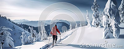 Mountaineer backcountry ski walking ski alpinist in the mountains. Ski touring in alpine landscape . generative ai Stock Photo