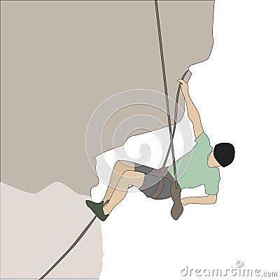 Mountaineer hanging on rock height, journey hike climb to summit, man active tourism Vector Illustration