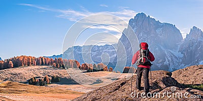 Mountaineer hiking on big mountains Stock Photo