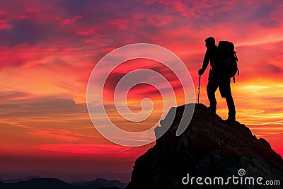 The mountaineer is on the summit contemplating the landscape. Stock Photo