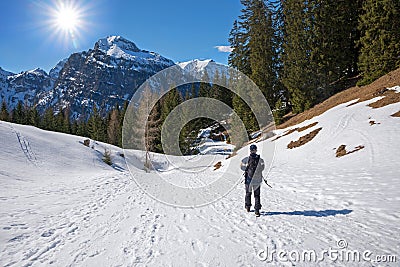 Mountaineer at winter hiking trail, tirolean landscape austria Stock Photo